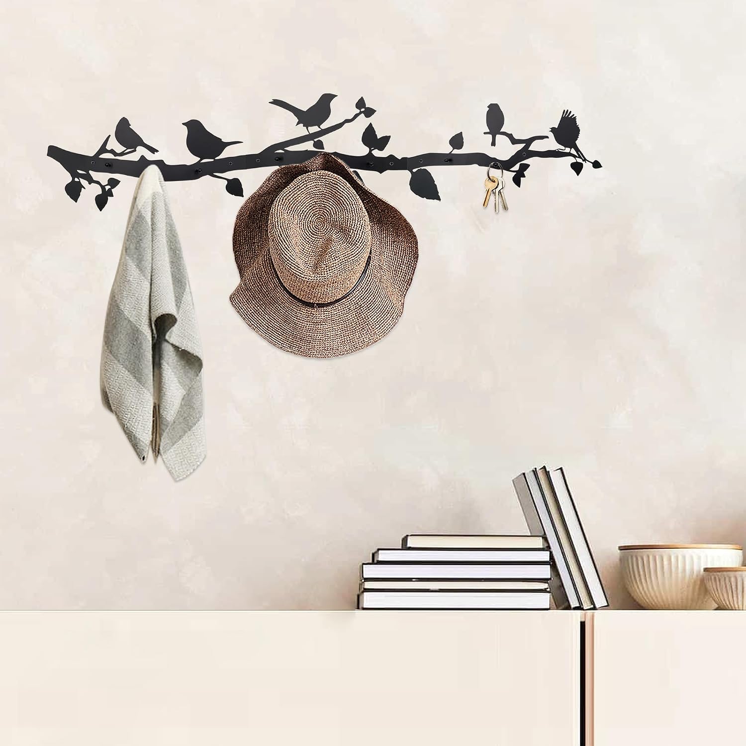 Tree Branch Wall Mounted Coat Rack with Hooks, Decorative Key Hanger, Bird Wall Decor