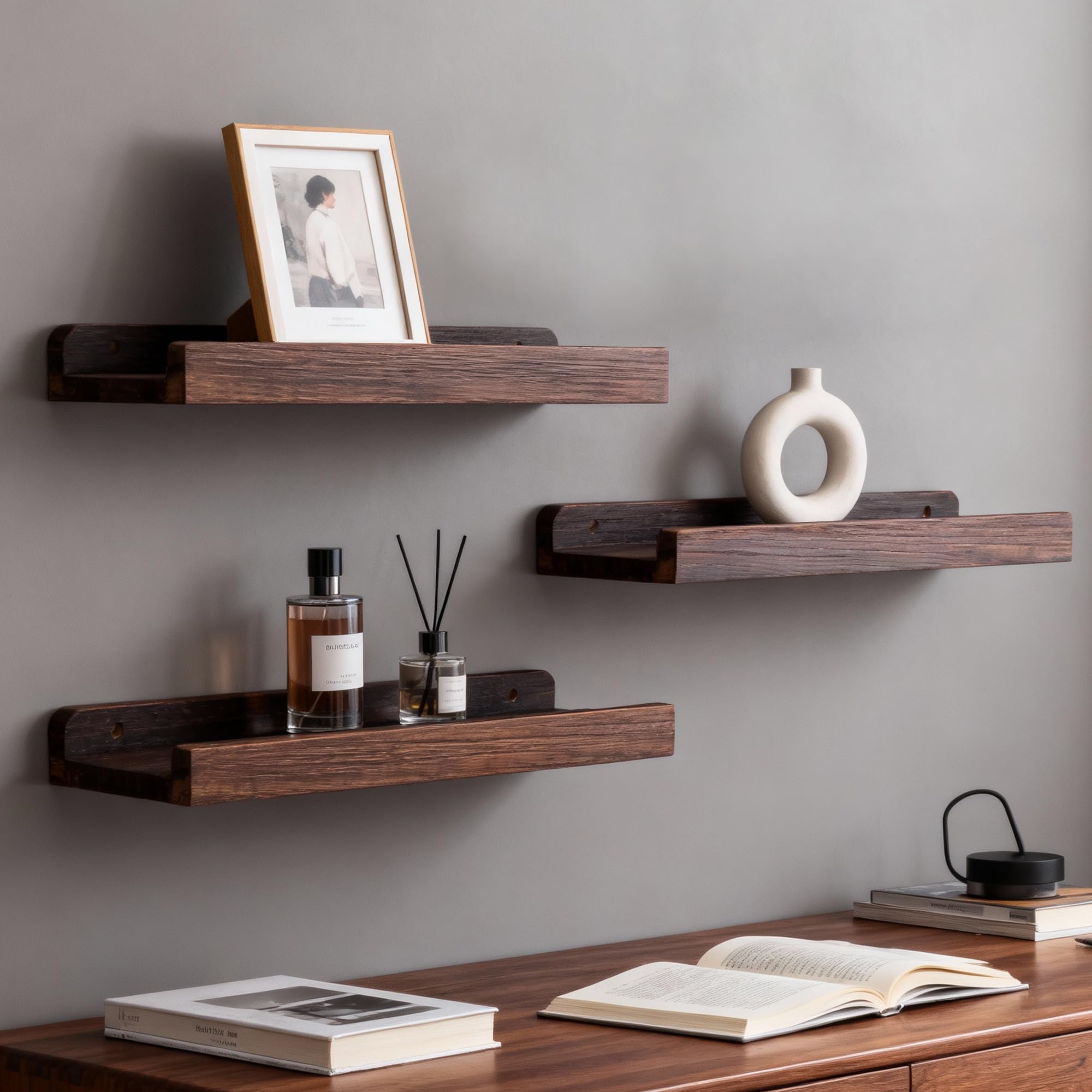 Estantes Flotantes, Estanterías de Exhibición de Pared Rústica para Sala de Estar, Organizador de Madera de 3 Niveles con Madera de Paulownia, 42x11x4cm (Brown)