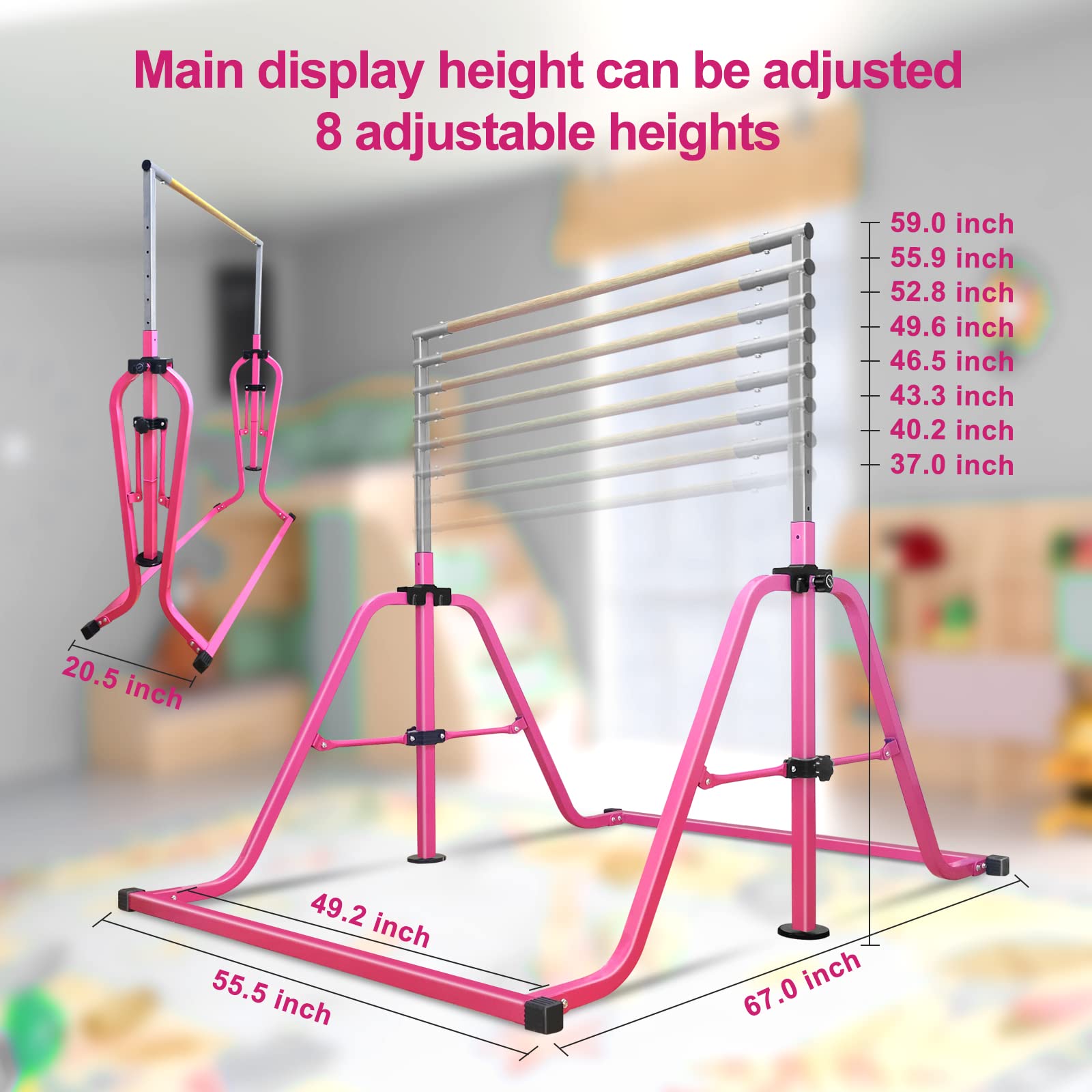 Gymnastics Bar for Kids with Swing Set, 8/9 Heights Adjustable Folding