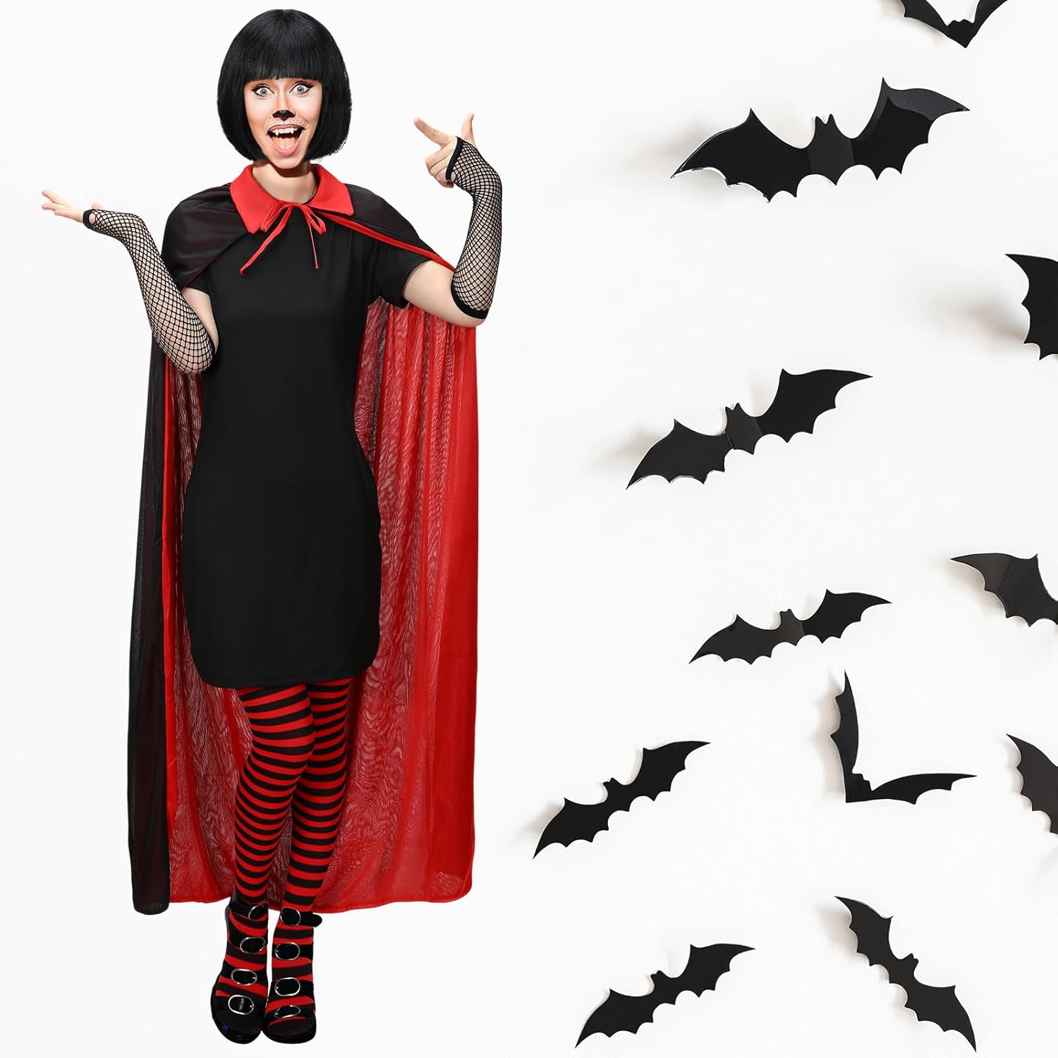 Jiuguva 6 Pcs Halloween Vampire Cosplay Costume for Women Black and Red Legging Black Dresses Vampire Fangs Gloves Wig Cape