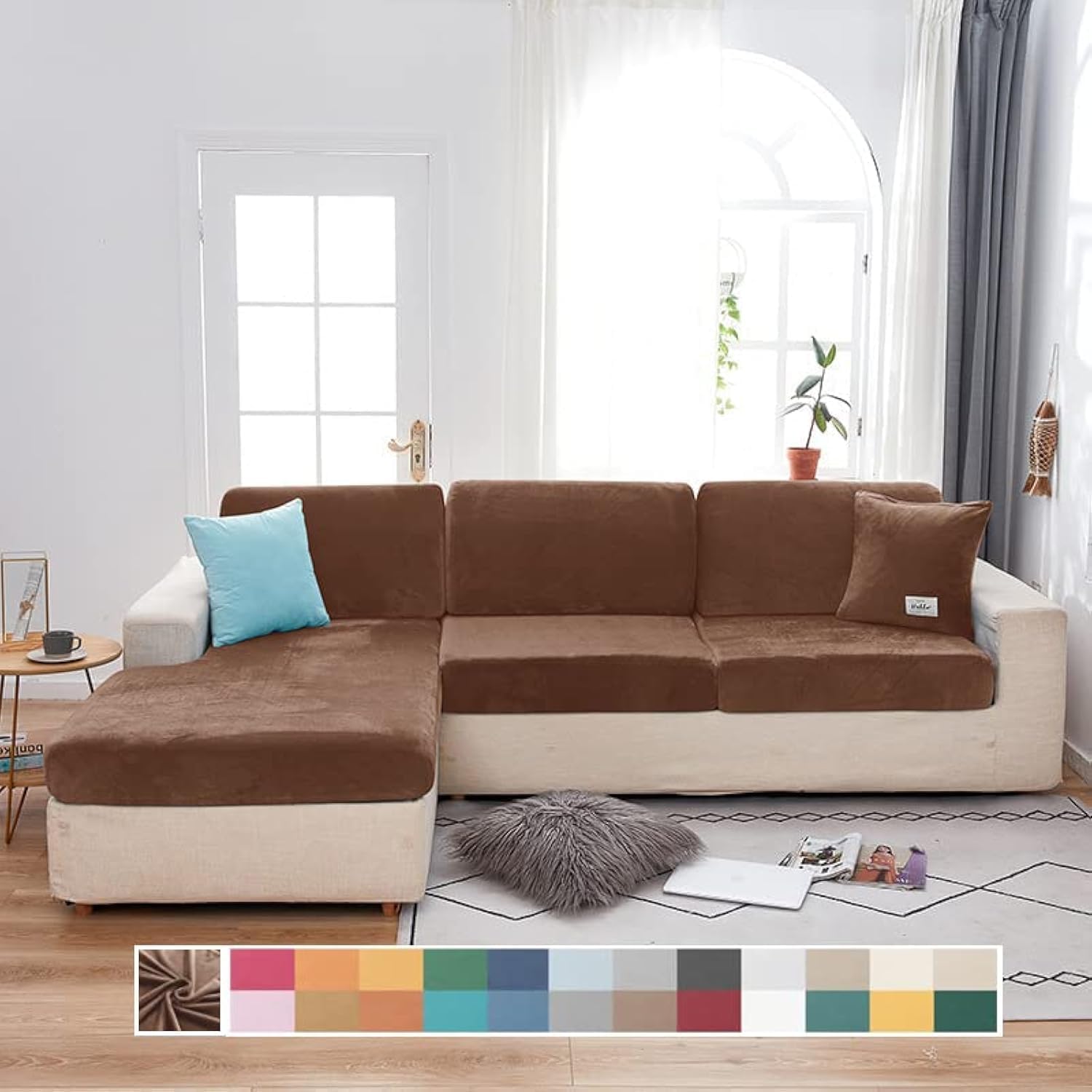 Separate Velvet Sofa Cover,Couch Covers for 2 Cushion Couch,Super Stretch Wear-Resistant Sofa Slipcovers,Washable Furniture Protector with Anti-Slip Elastic Bottom(Deep Coffee,Single Seat)