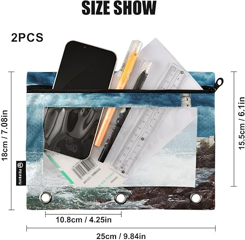 Miniatura 3 de Lighthouse - Estuche para lápices con 3 anillos, con cremallera y ventana de PVC transparente, 2 unidades, para la familia, oficina, escuela
