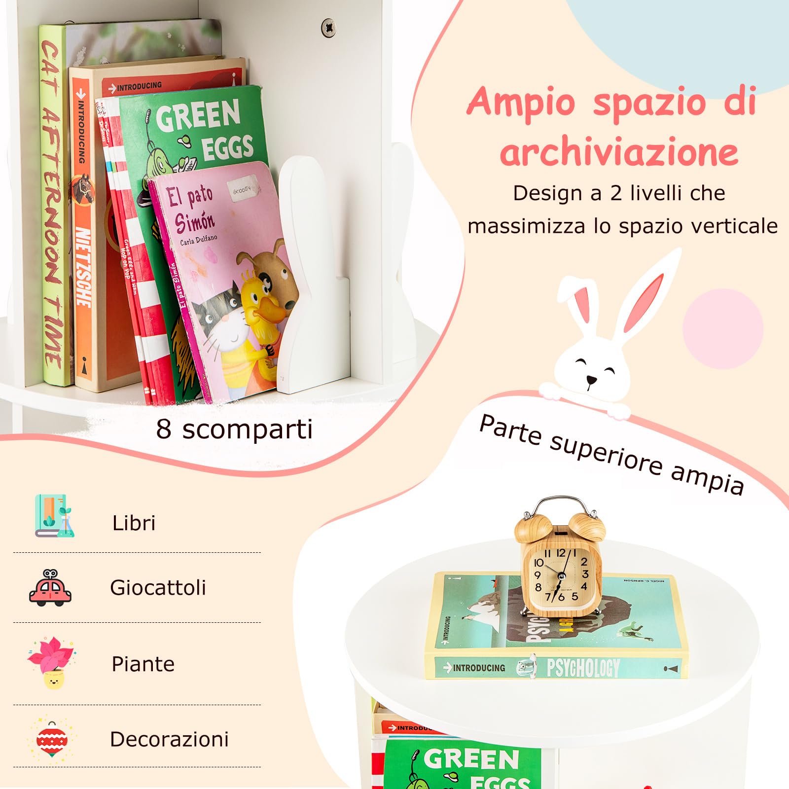 RELAX4LIFE Libreria Scaffale Girevole per Bambini, Porta Libri Rotante a 2 Livelli, Libreria in Legno per Soggiorno, Camera da Letto e Studio, 40 x 40 x 65 cm (Coniglio, Bianco)