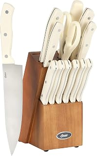 Oster Evansville 14-Piece Knife Block Set: Stainless Steel Kitchen Knives with Full-Tang Blades & Rubber Wood Block