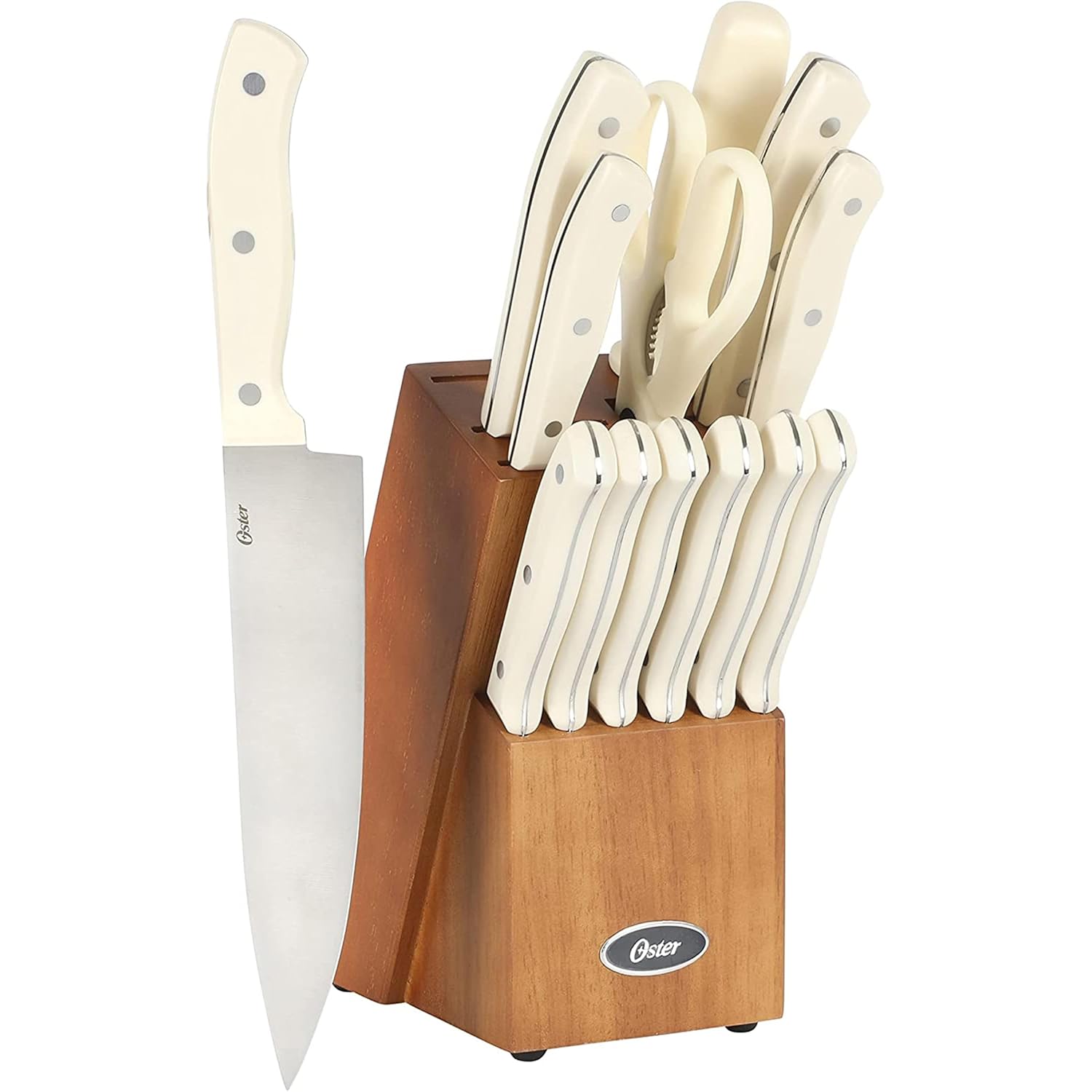 Oster Evansville 14-Piece Knife Block Set: Stainless Steel Kitchen Knives with Full-Tang Blades & Rubber Wood Block