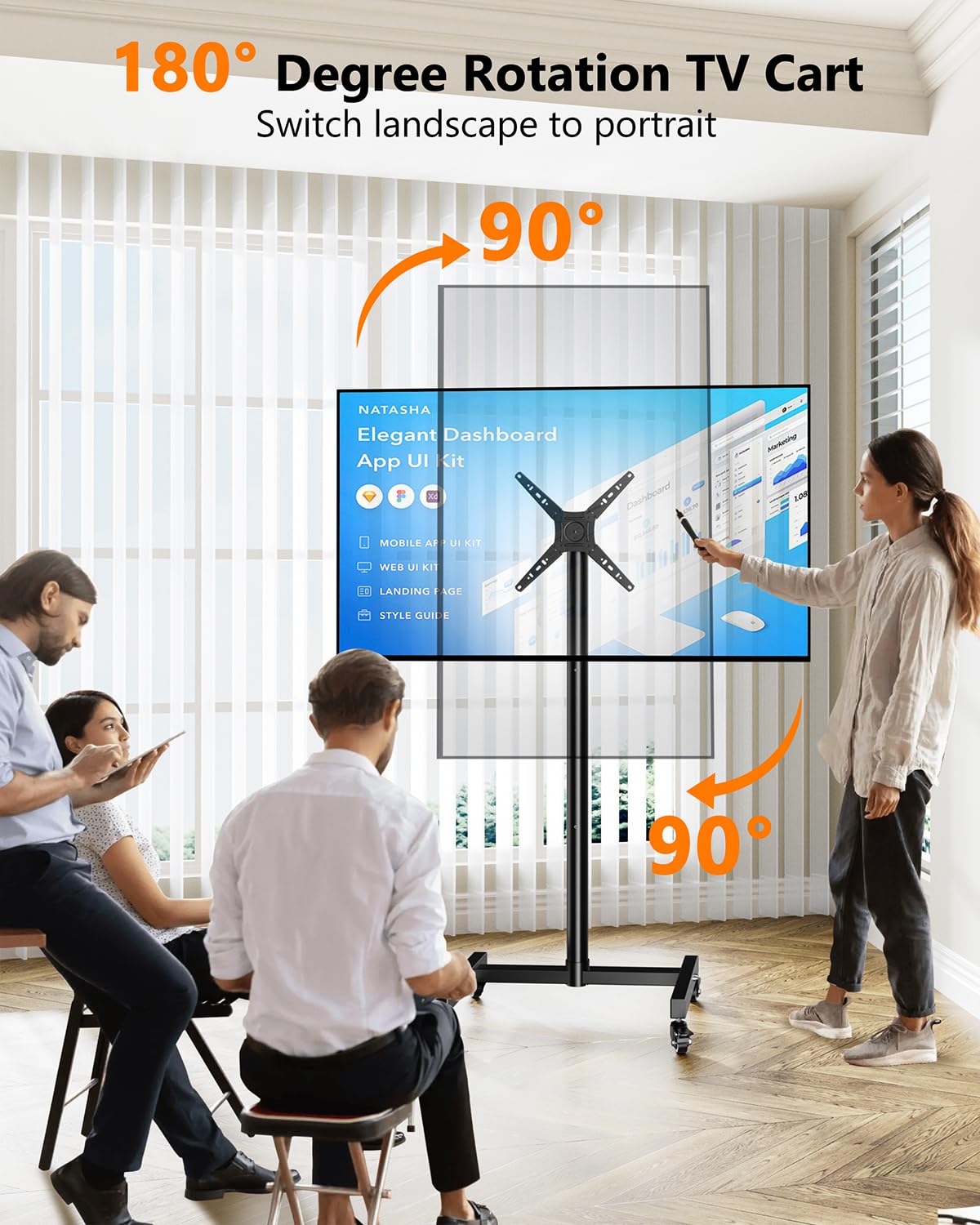 Soporte de TV móvil con Ruedas para televisores y monitores de 17 a 50 Pulgadas, Horizontal a Vertical, Altura Ajustable, Soporte de TV portátil con Ruedas MAX VESA 300 x 300 mm hasta 30 kg