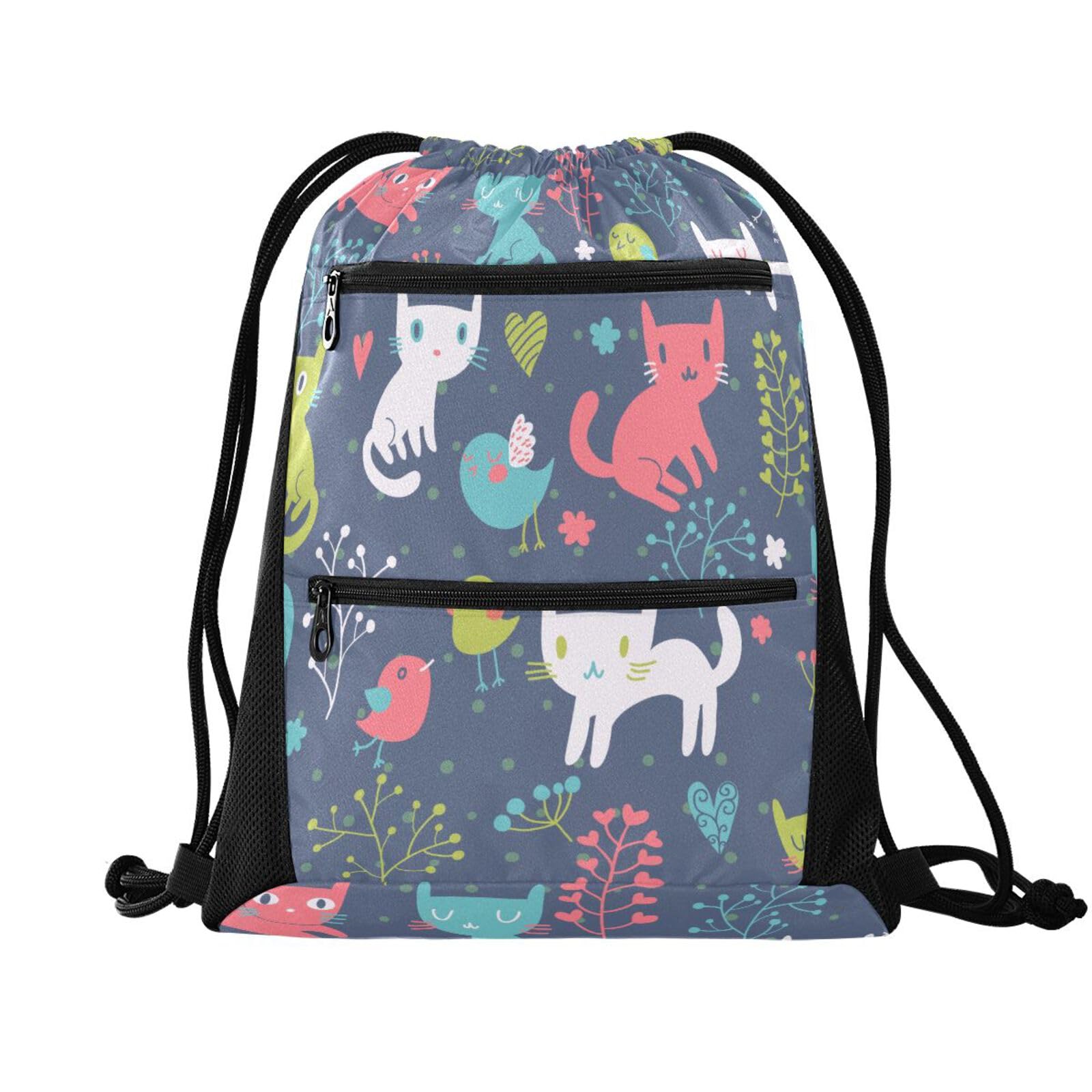 FRODOTGV Cartoon Kittens and Birds in Spring Flowers Drawstring Backpack Water Resistant Sackpack for Yoga Swim Gym, String Bag for Men Women โ image 1
