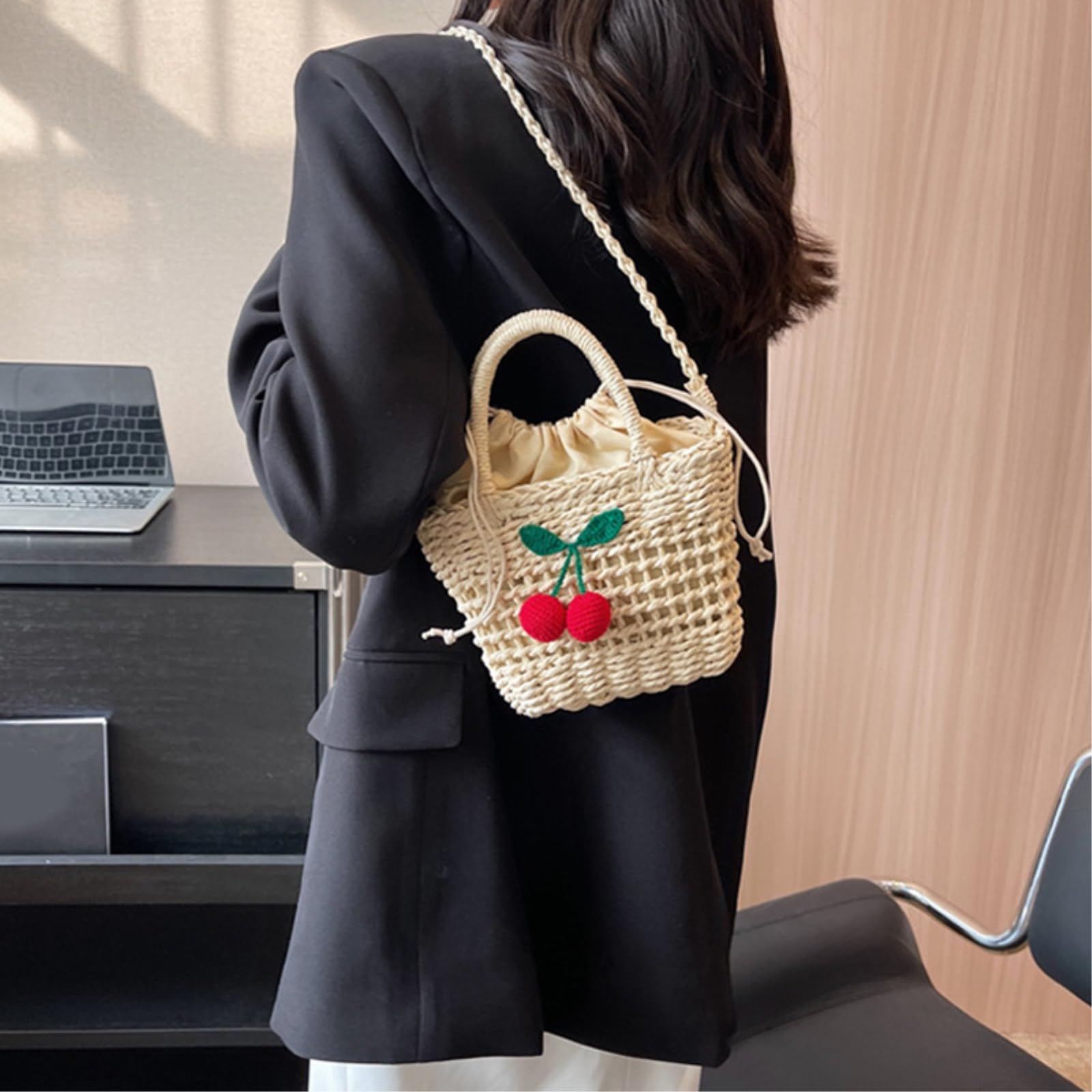 Strohtasche Damen Stroh Und Rattan Lagerkorb Crossbody Tasche, Handgefertigte Strohkorb, Strand Schultertasche-Khaki