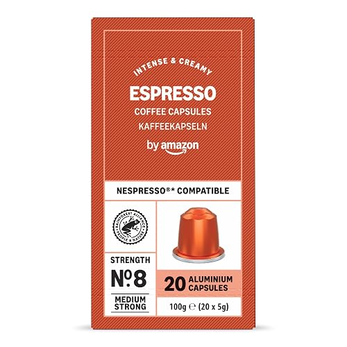 by Amazon Cápsulas de Aluminio de Café Espresso Compatibles con Nespresso, Tostado Claro, 20 Unidades, Certificadas por Rainforest Alliance