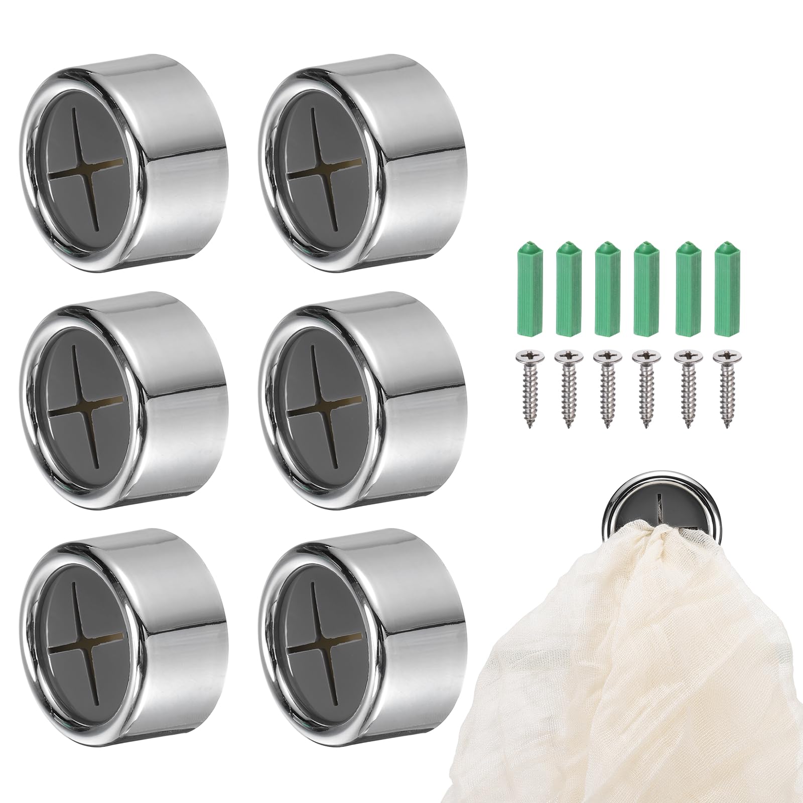 sourcing map 6 Pcs Push Towel Hooks, Round Adhesive Dish Towel Hook with Wall Plug Wall Mount Hand Towel Holder for Kitchen, Bathroom, Hand and Dish Towels, Bright Silver