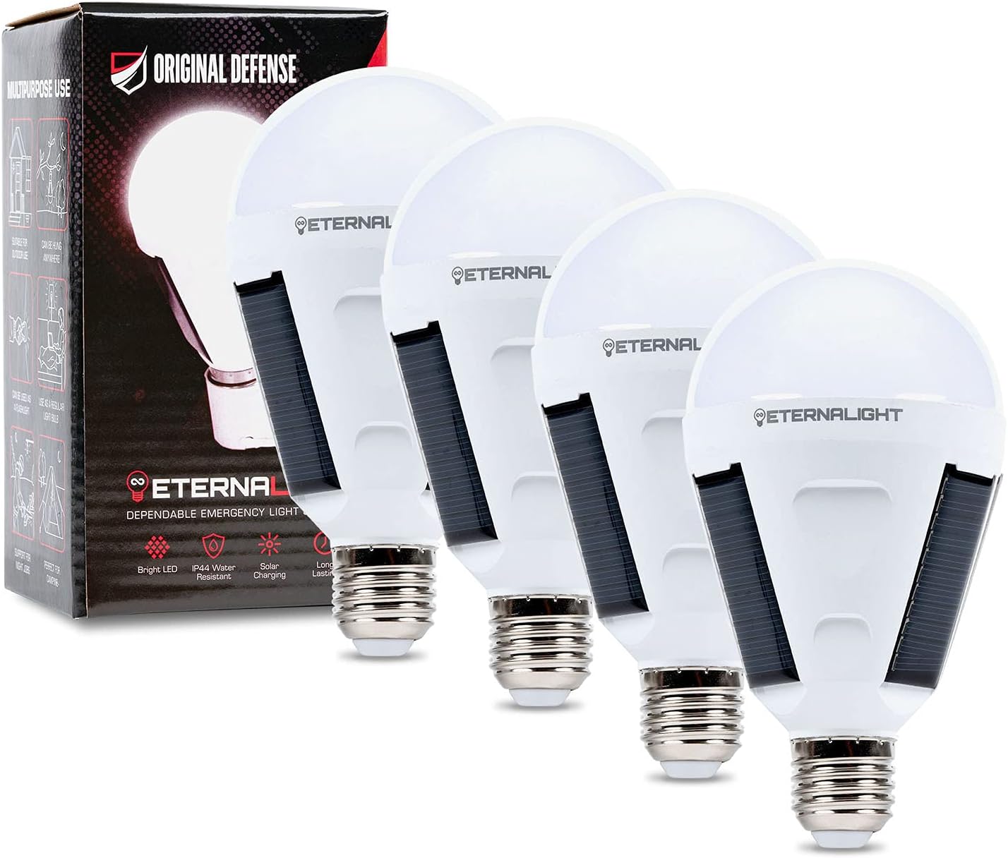 Original Defense EternaLight Rechargeable LED Bulbs (4 Count) - Emergency Light Bulbs with Battery Backup for Power Outages, Home, Camping, and Outdoor Activities - Solar Powered