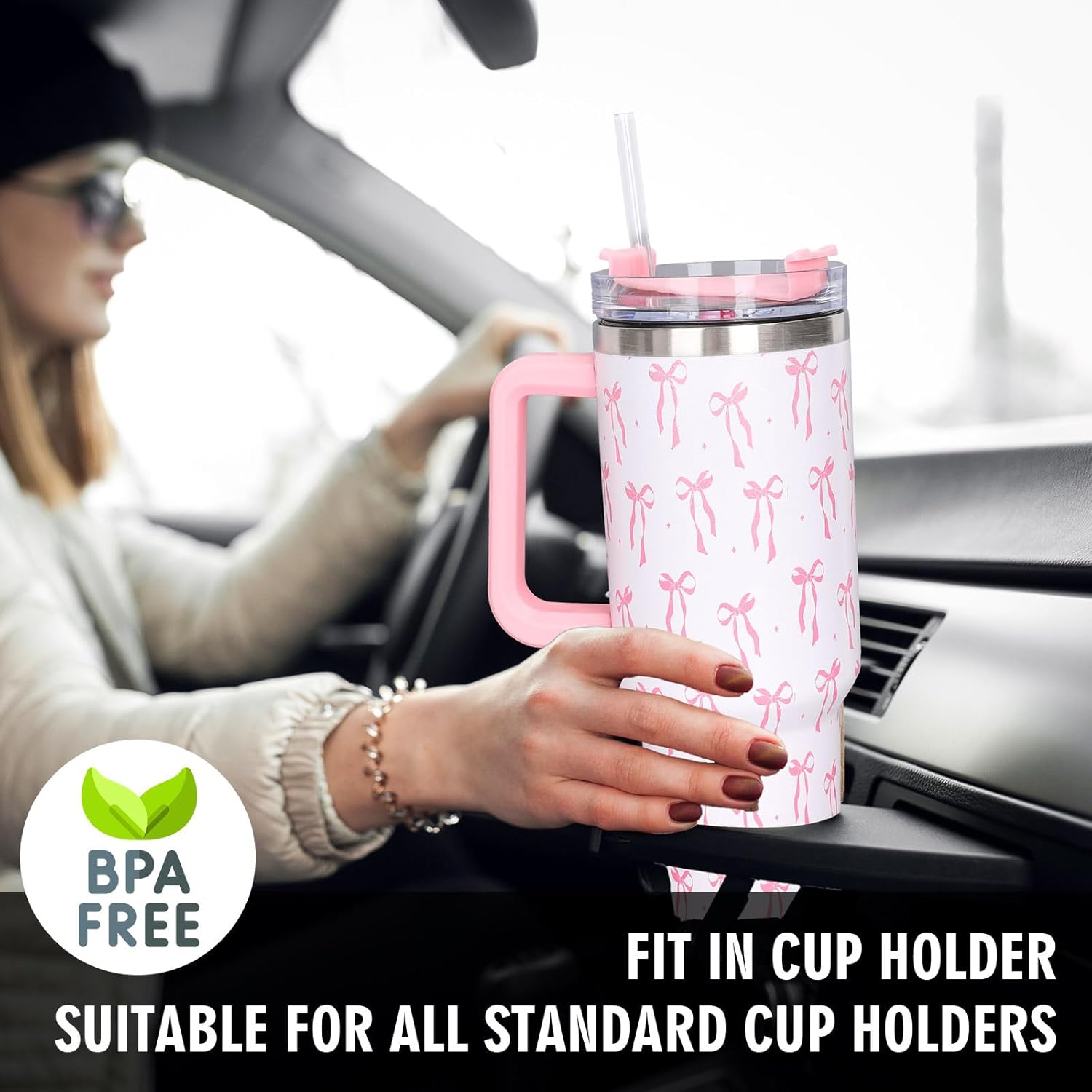 Whaline 40oz Valentine's Day Pink Bow Tumbler with Handle Straw and Lid Bow-Knot Travel Coffee Tumbler Cup for Women Friend Holiday Birthday Gift - Image 6