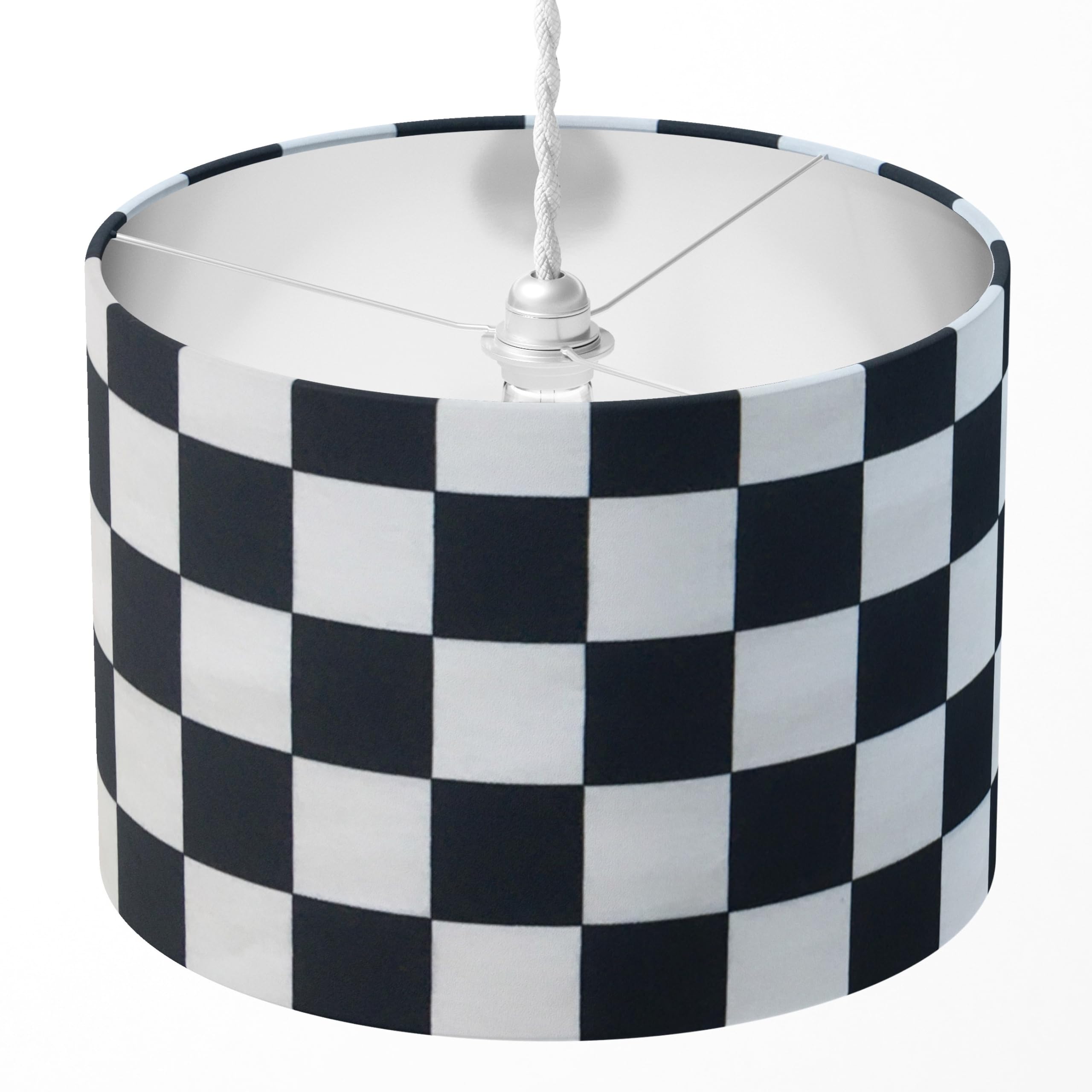 Checkered Lampshade, Black White Lamp Shade, Monochrome Light Shade, Check Flag Geometric Cotton Fabric Drum Lampshade Table Floor Ceiling Pendant Bedroom Kitchen Hallway Housewarming Gift New Home