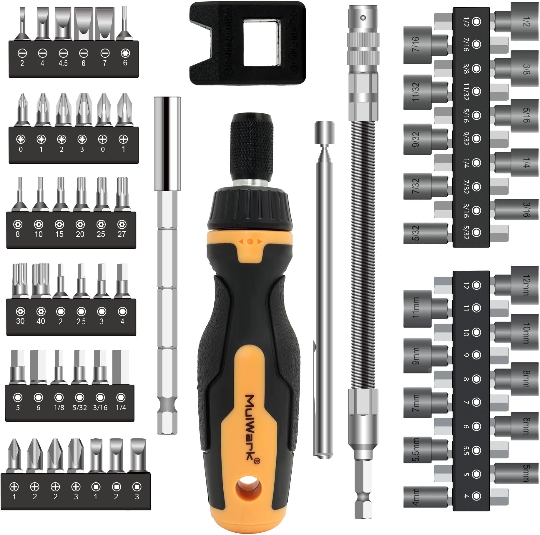 63PC Magnetic Ratcheting Screwdriver Bit Set – Multibit Screw Driver with Screwdriver Bits Slotted, Torx, Hex, Pozi, Philips, Square; Nut Driver Set for SAE and Metric – Christmas Gift