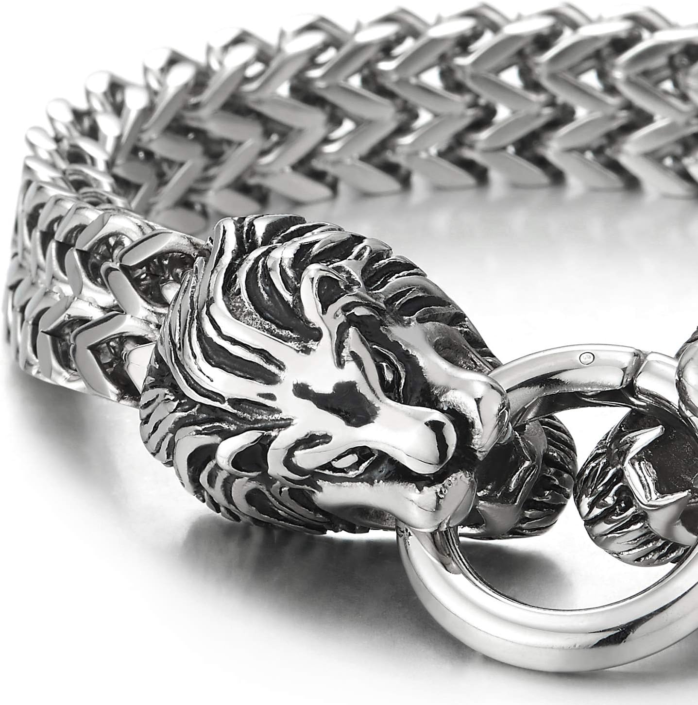 COOLSTEELANDBEYOND Men's Stainless Steel Dual Lion Head Bracelet, Heavy Double Wheat Chain Bangle, Fierce Animal Jewelry, Bold Industrial Rocker Accessory, Gift for Him