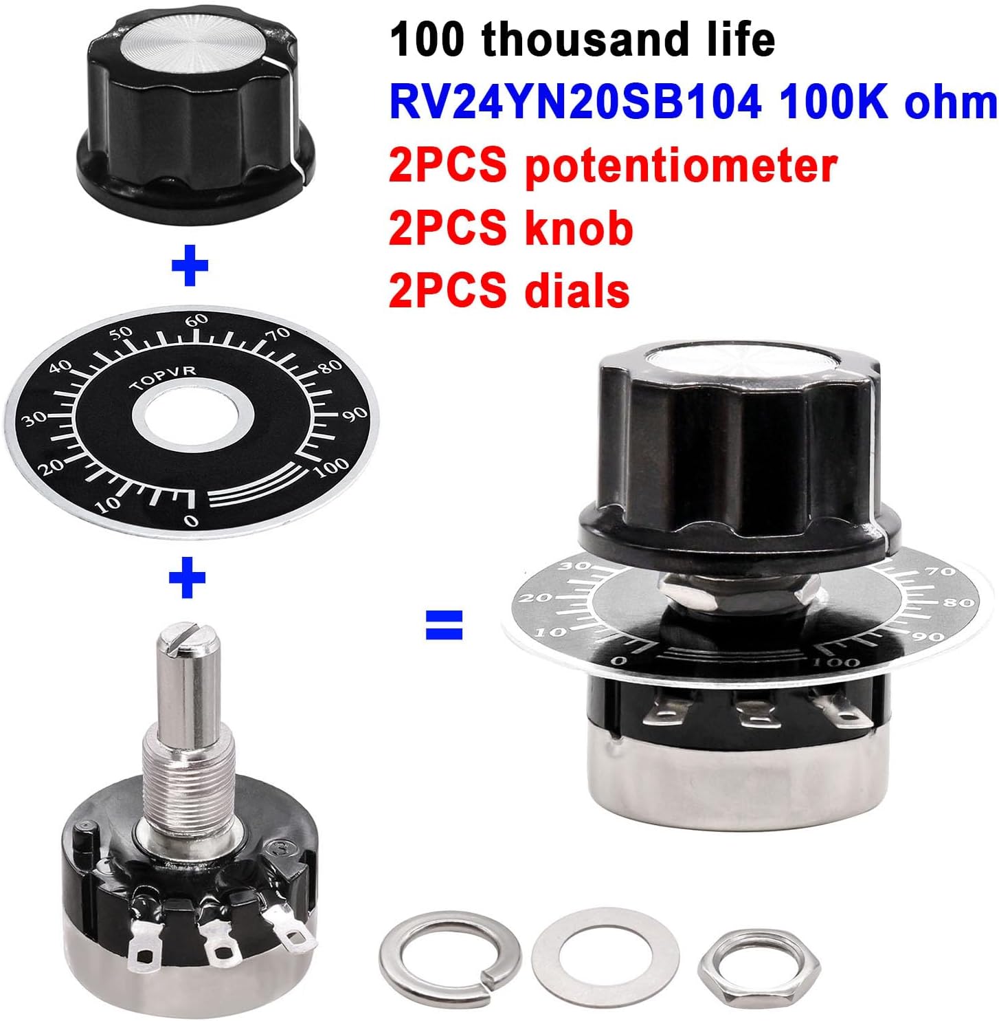 Taiss 2pcs RV24YN20S 100K Potentiometer Single Turn Carbon Film Rotary Taper Potentiometer Used for Inverter speed regulation. Motor speed control with 2pcs A03 knob & 2pcs dials (B104 100K ohm)