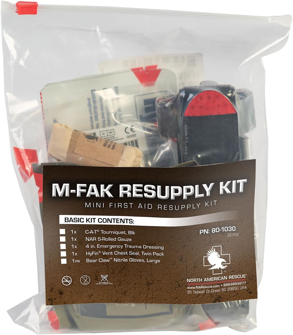 North American Rescue M-FAK Resupply Kit NAR Mini First Aid MFAK IFAK with C-A-T Tourniquet, S-Rolled Gauze for Injuries, First Responders, Medical (80-1030)