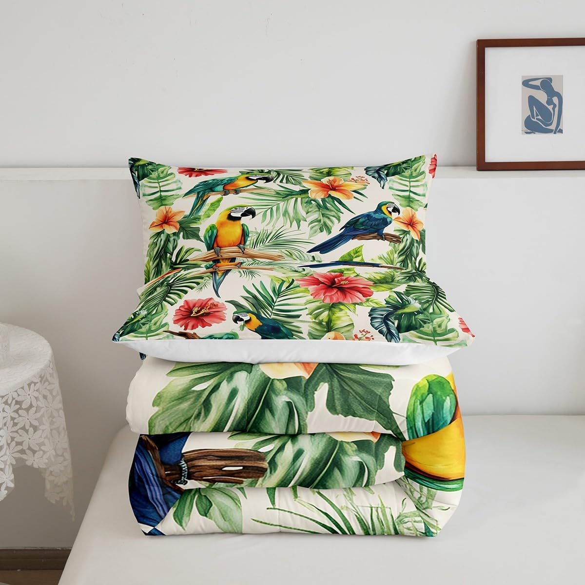 Castle Fairy Cartoon Parrot Comforter Set Queen Size 3 Pcs,Watercolor Green Palm Leaves Red Floral Bedding Set for Kids Teens Adults,Cute Colorful Birds Wild Animal Down Comforter with 2 Pillowcases