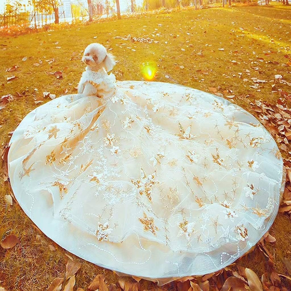 Pet Dog Dress Trailing Princess Wedding Dress Hairpin Puppy Clothes Golden Embroidery Dress for Small Dogs Poodle (Size : X-Small) (Medium)