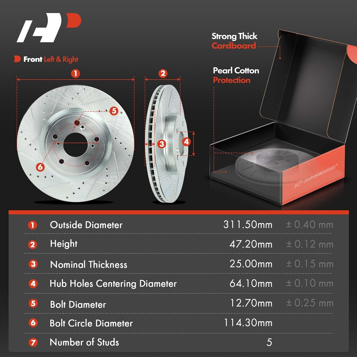 A-Premium 12.26 inch (311.50mm) Front Drilled and Slotted Disc Brake Rotors + Ceramic Pads Kit Compatible with Select Honda and Acura Models - Civic 2022, Accord 2018-2022, Integra 2023, 6-PC Set