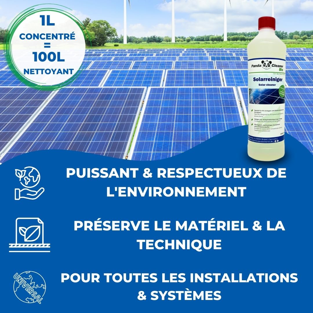 PandaCleaner Nettoyant solaire bio - 2 l de nettoyant photovoltaïque - Haute concentration 1:100 - Nettoyage et extension de la durée de vie - Pour les centrales électriques de balcon (2 x 1 l)