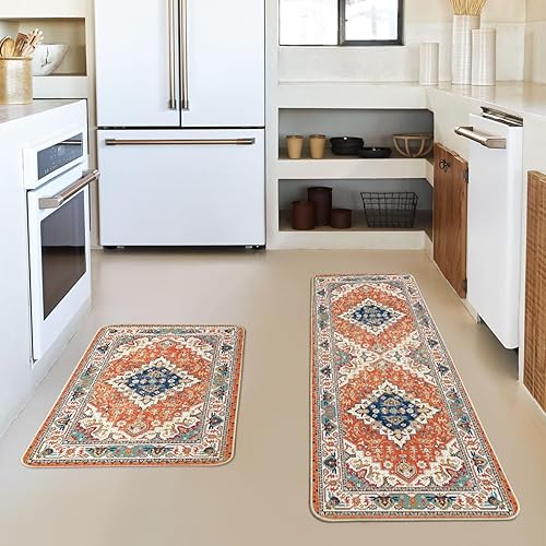 Miniatura 2 de Artoid Mode Juego de 2 tapetes de cocina bohemios florales naranjas, decoración bohemia para el hogar, alfombras de cocina de bajo perfil para piso,