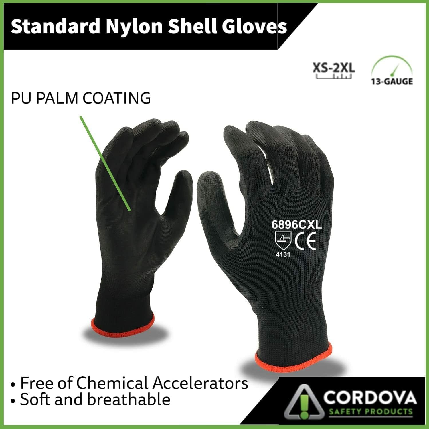Cordova Standard Gloves, 13-Gauge, Black Nylon Shell, Black Polyurethane Palm Coating, Small, 12-Pack