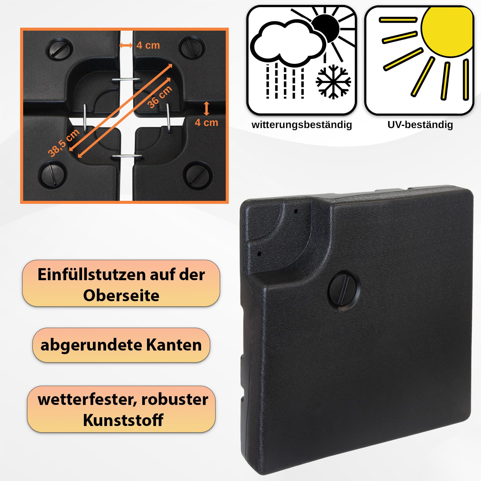 Montafox Sonnenschirmständer 4-teilig Schirmgewicht für Ampelschirm Bodenkreuz schwarz 90 Liter / 150 kg - befüllbar mit Wasser oder Sand 7 Jahre Garantie auf Material*