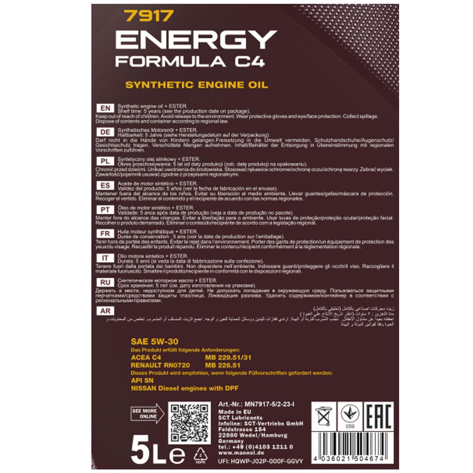 SCT Mannol 2x Motoröl (5 L) | 226.51/229.31/229.51 Rn 0720 Cng/lpg , Mannol 7917 Energy Formula C4 5W-30