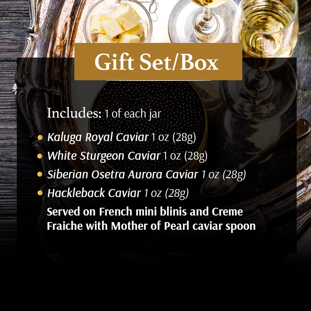 OLMA Regal Caviar Gift Set - 4 oz (112g) of Caviar, Includes Kaluga Royal, Siberian Osetra Aurora, Hackleback, White Sturgeon, Serving Spoon & Blinis - Superior Grade Fresh Roe Fish Eggs