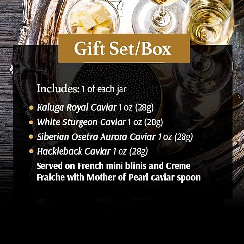 Miniatura 2 de OLMA Juego de regalo de caviar Regal incluye Kaluga Royal Osetra Aurora siberiana Hackleback esturión blanco cuchara de servir de nácar y Blinis