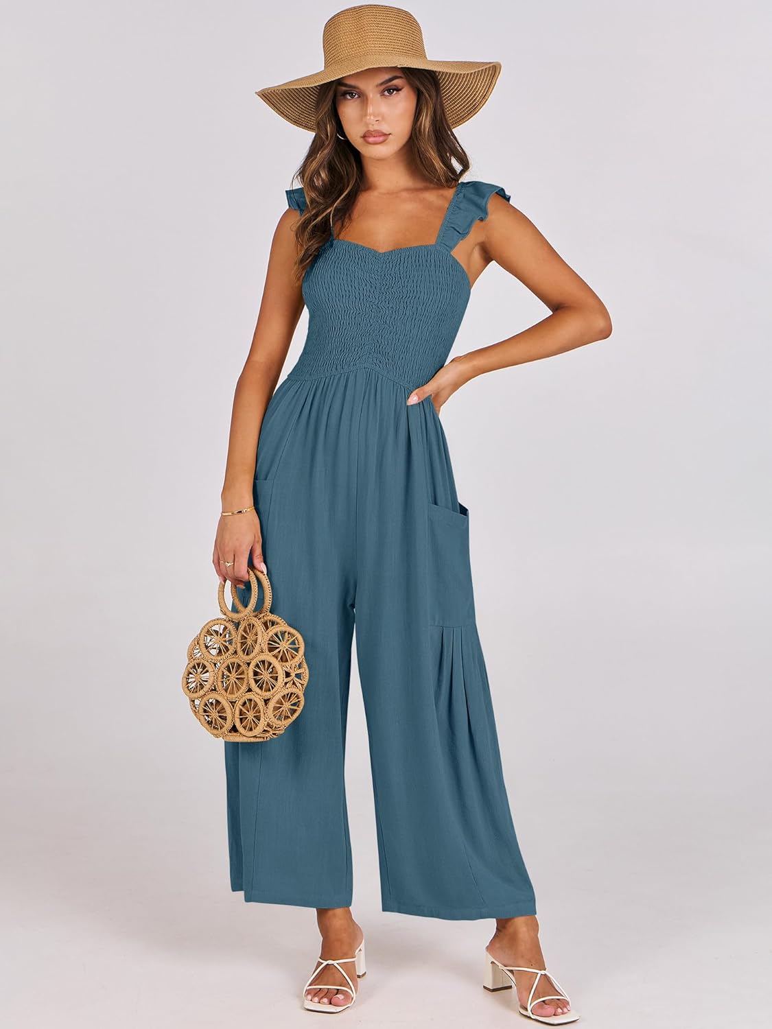 ANRABESS Women Summer Casual Dressy Sleeveless Smocked Wide Leg Linen Jumpsuits Rompers 2026 Trendy Travel Outfit Pocket - Image 2