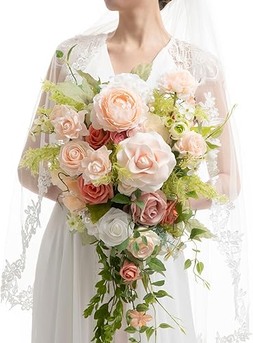 Miniatura 10 de Ling's Moment Ramo de novia en cascada azul, ramos de boda de 15 pulgadas para novia, ramo de novia para boda, ceremonia, aniversario, etc.