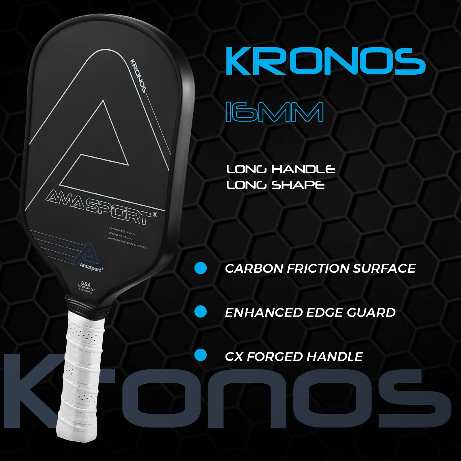 AMA SPORT Carbon Fiber Pickleball Paddle USAPA Approved Pickleball Paddles Friction Textured Surface Pickleball Racket Polypropylene Honeycomb Core with Anti-Slip Sweat-Absorbing Grip (Kronos Blue)