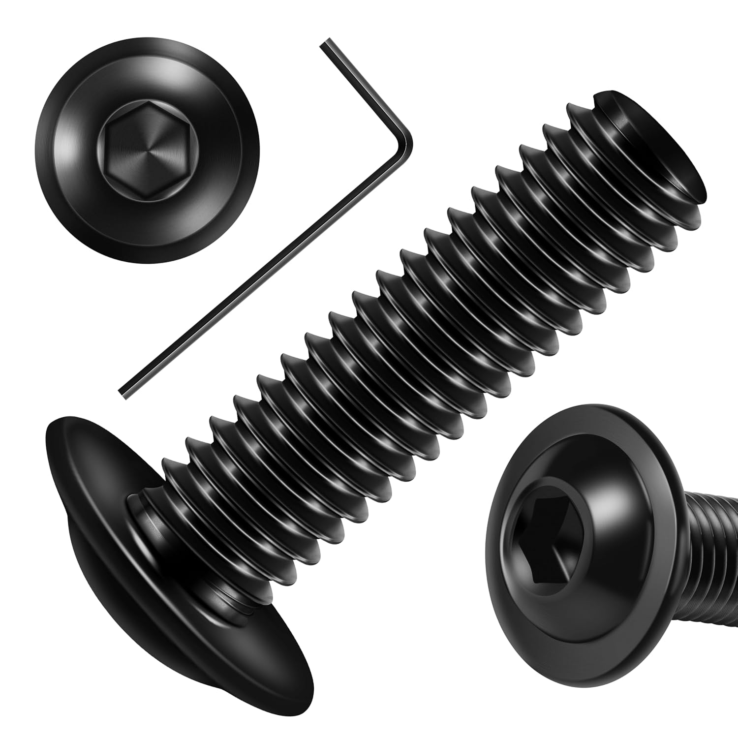 Mywish M6 x 20mm 25Pcs Flange Button Head Hex Socket Cap Screws Bolts, 304 Stainless Steel Furniture M6x1.0 Bolts Full Thread, Black Oxide & Hex Spanner