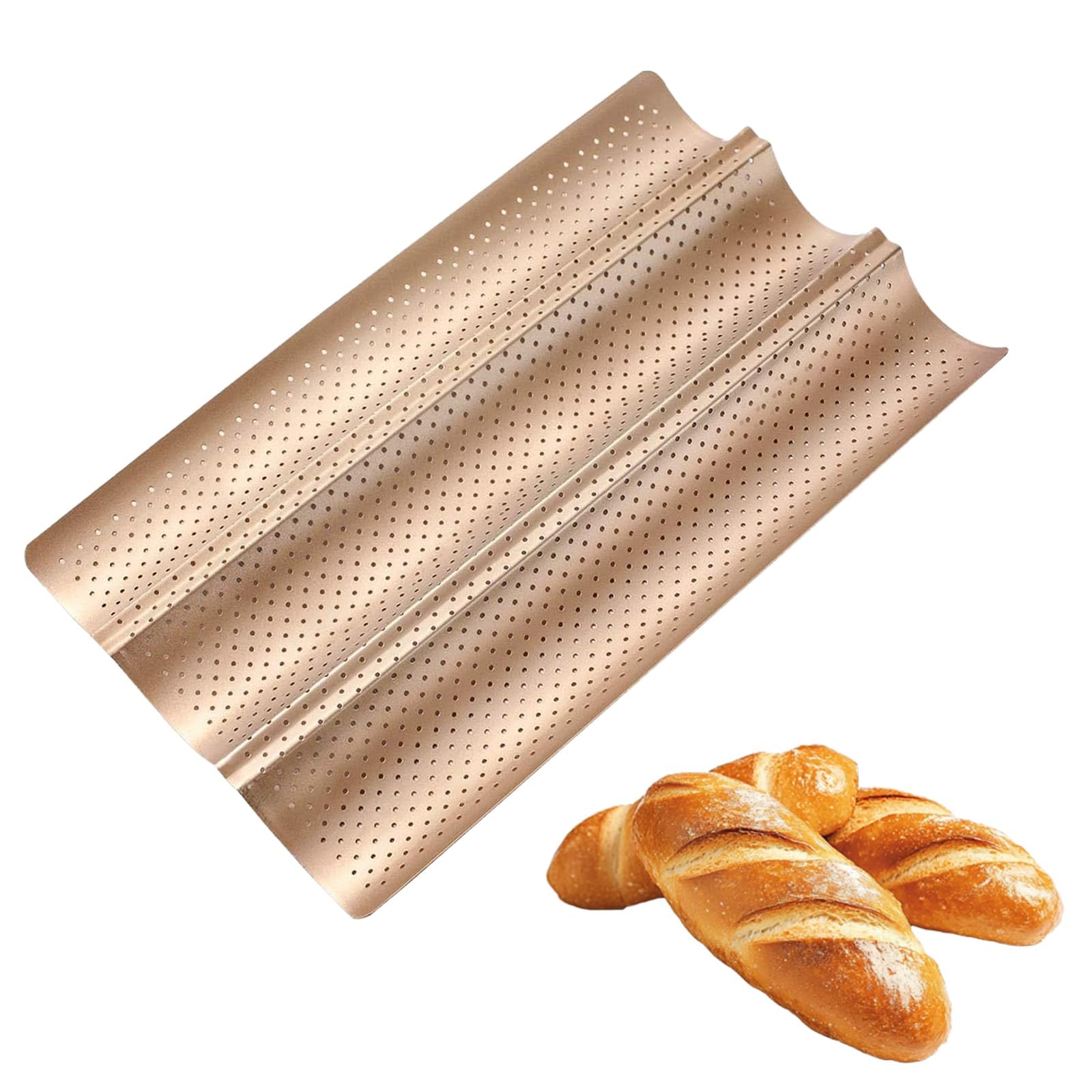 WEELOO Baguette Baking Tray 3 Baguettes, Non-Stick French Bread Pan, French Stick Loaf Baking Molds Tray, Perforated Baguette Pan for Oven Baking 38.5 x 24.6 x 7.3 cm