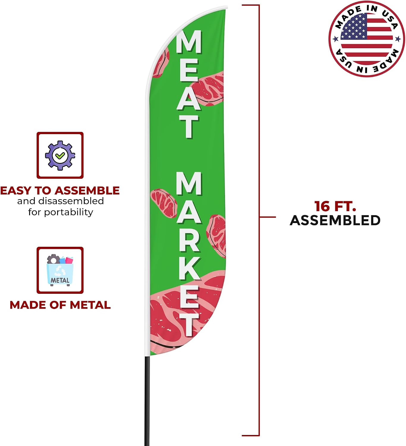 Meat Market Sign Feather Flag for Outdoor 11.5 FEET Long Polyester Outdoor Banner Flag for Easy Hang | HD Print Swooper I Flag Only for Food Advertising | Made in USA I Flag Only
