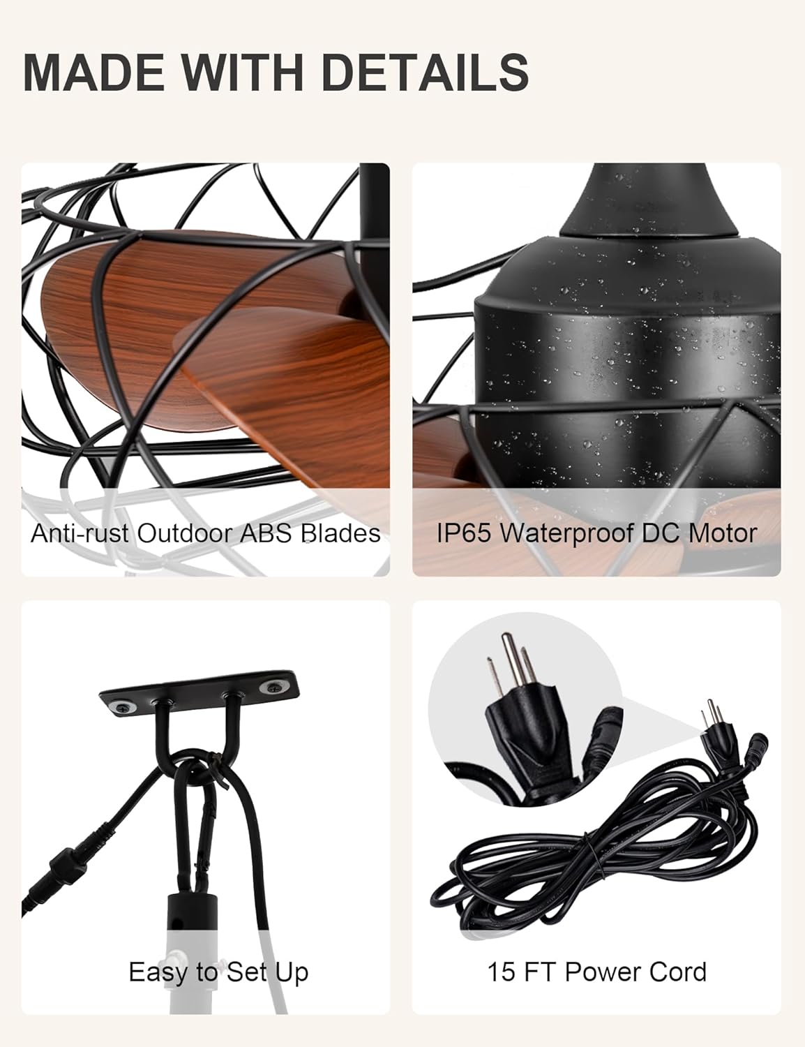Dawn Whisper 20 Inch Waterproof Ceiling Fans with Lights Outdoor Portable Gazebo Fan Hanging Remote Black Ceiling Fans for Patio