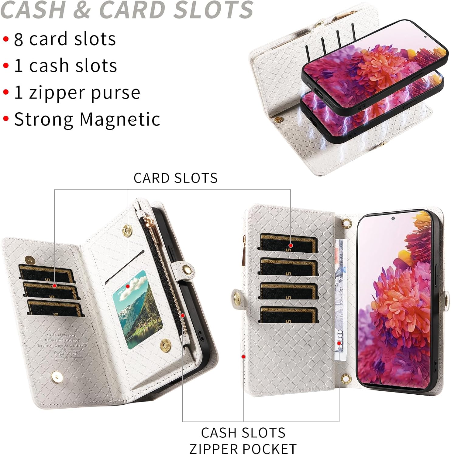 Asuwish Phone Case for Samsung Galaxy S20 FE 5G 6.5 inch Zipper Wallet Cell Cover with Screen Protector Strap Flip Card Holder Slot S 20 EF UW 2022 S20FE5G S20FE 20S S2O Fan Edition 4G G5 Women White