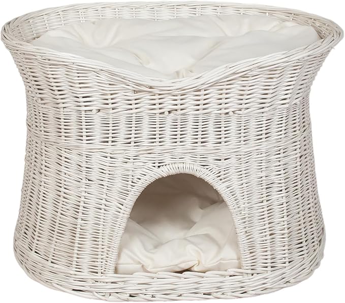 DamianWiklina Wicker Two Tier Pet Pod Cat/Dog Bed Basket White