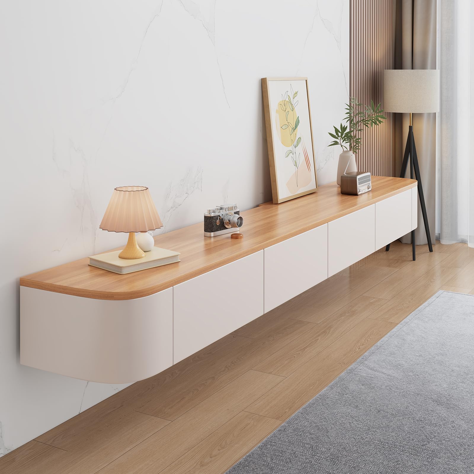 HYANXUE Floating TV Stand, Wall Mounted TV Shelves With Door,TV Media Console, Floating TV Cabinet Large Storage TV Bench Under TV (Wood, 140CM/55.1")