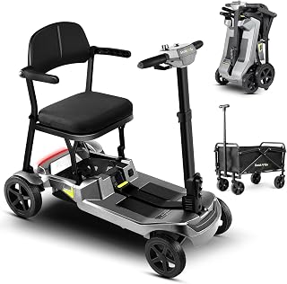 SCOOTNGO 4 Wheel Mobility Scooters for Adults & Seniors Powered Portable Lightweight Foldable 8 KMH Speed 24KM Range Two Removable Batteries Airline Approved (Silver Grey, Dual Batteries with Wagon)