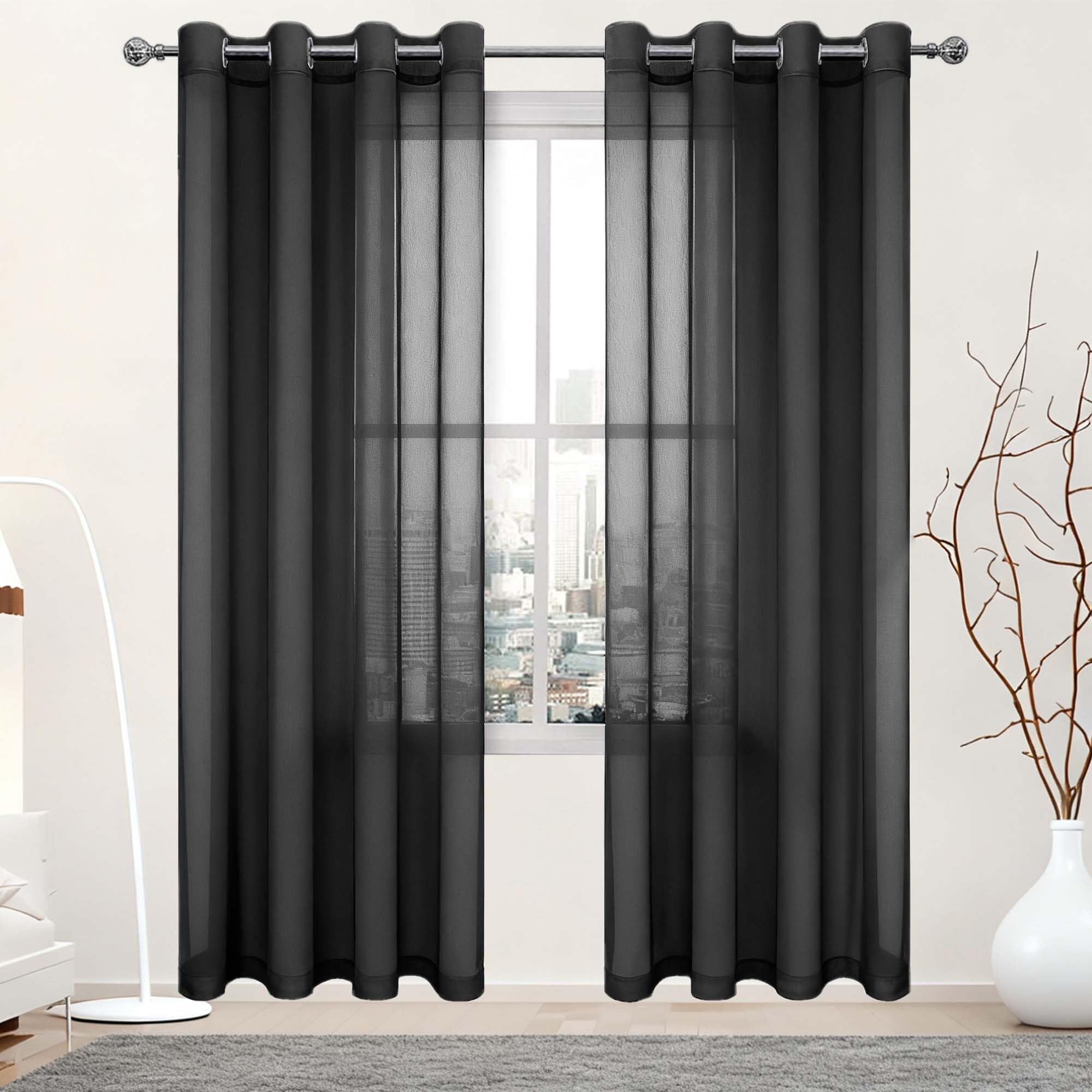 Rideau voilage fenêtre 340x300 cm noir transparent à oeillets semi-bloquant soleil pour salon