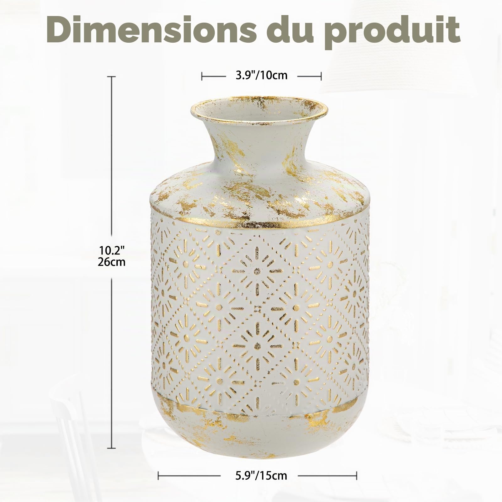 Vase à fleurs, 26 cm de haut, rustique, blanche et dorée, style shabby chic, en métal, vase décoratif pour bouquets, fleurs séchées, table à manger, décoration de bureau