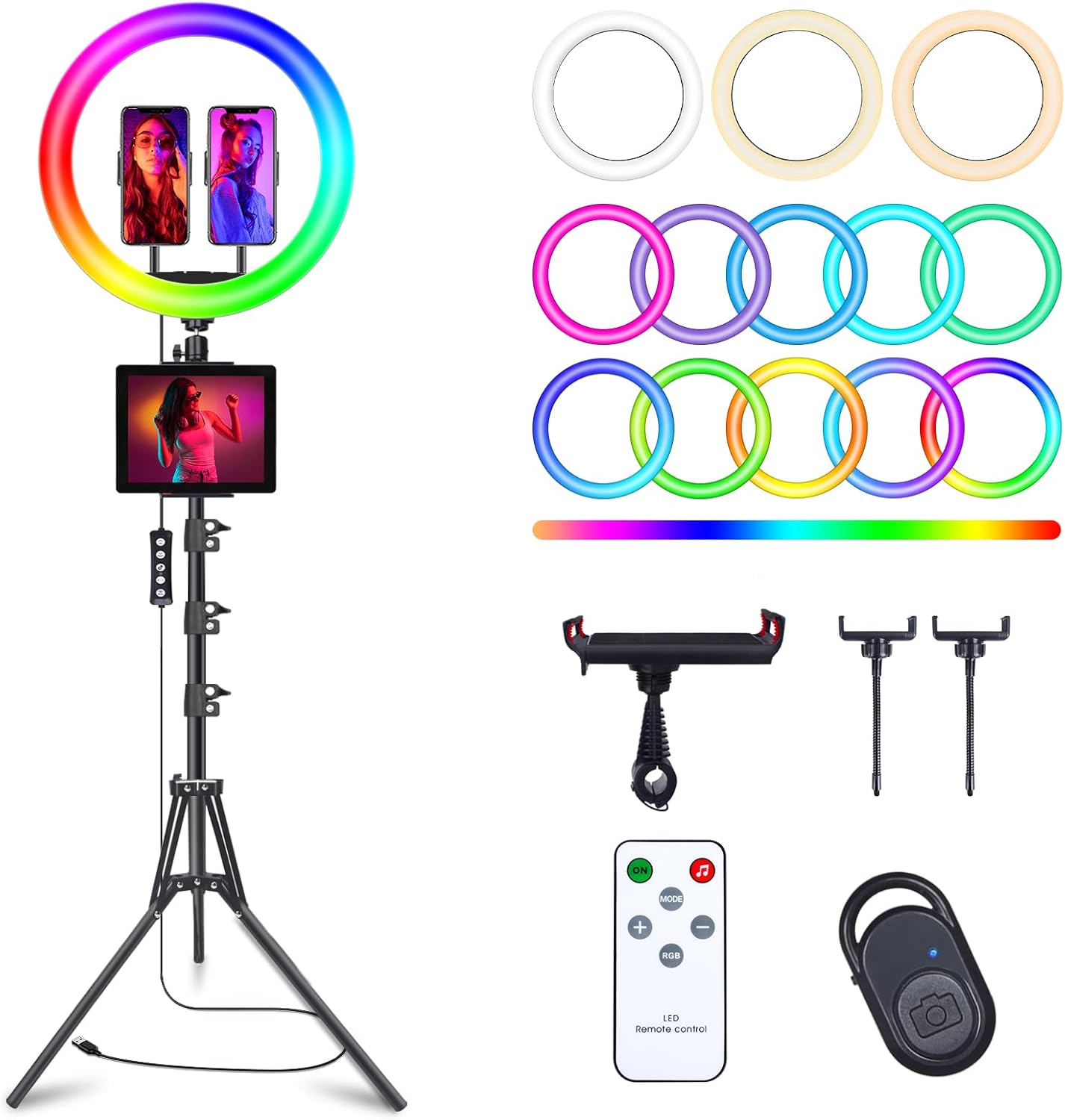 13" Selfie Ring Light with 76" Tripod Stand & 3 Phone Holder, LED Camera Ringlight with 48 RGB Colors Modes & Musical Rhythm Mode and 12 Brightness Dimmable for Makeup/Photography/Videos/Vlog/TikTok