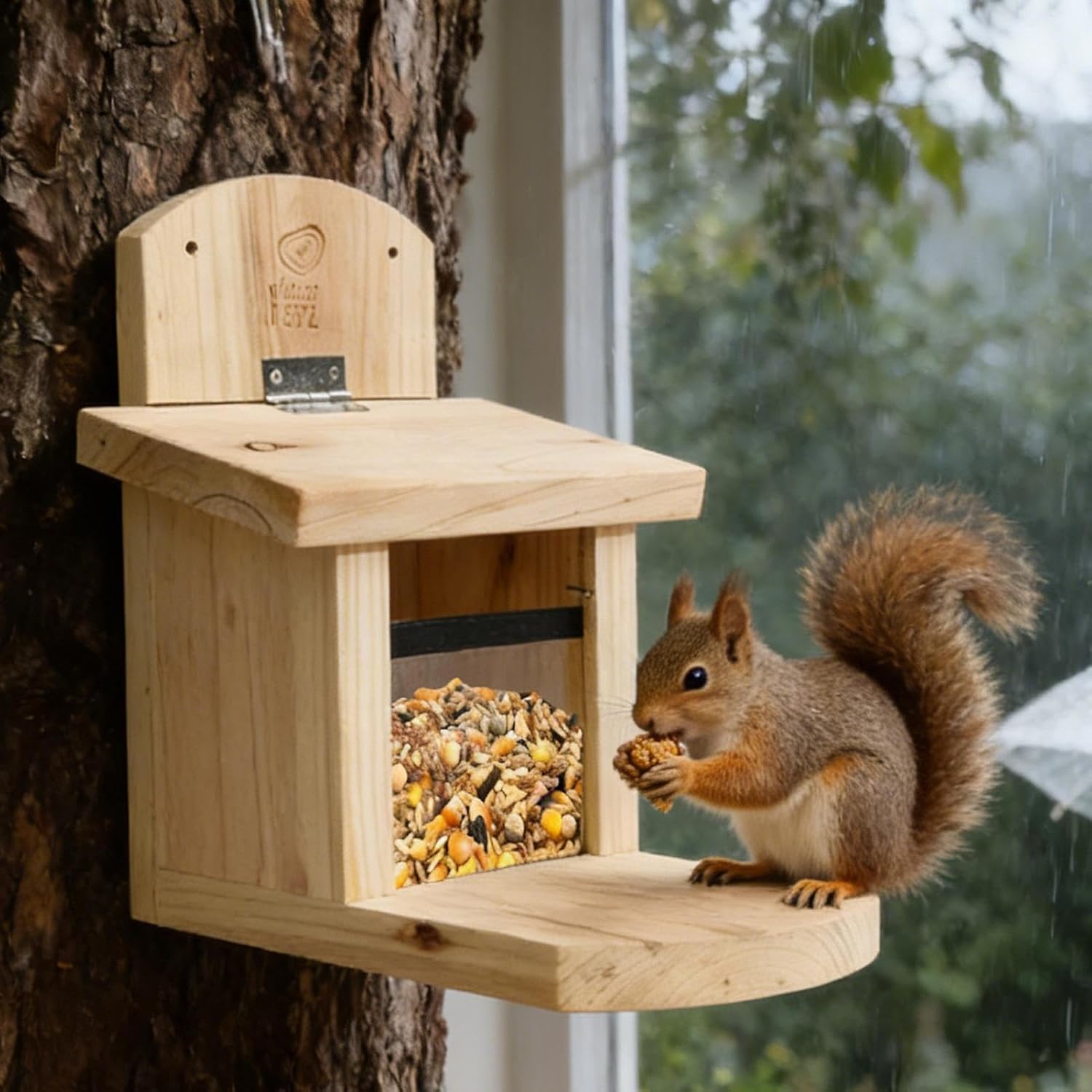 Squirrel Feeder for Outside,Wooden Gnaw Resistant Roof Feeding House - Gnaw Resistant Roof Squirrels Feeder with Extra Long Board - for Pets Wildlife Home Outdoor Garden Yard Patio Balcony Window