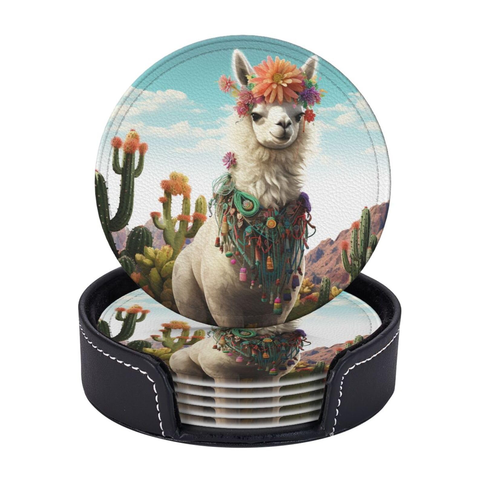 Leather Coasters for Drinks Set of 6, Mexican Llama Cactus Coaster with Holder,Non-Slip Cups Mugs Mat Pad Funny Round Coasters for Tabletop Protection Desk Accessories Office Home Room Decor