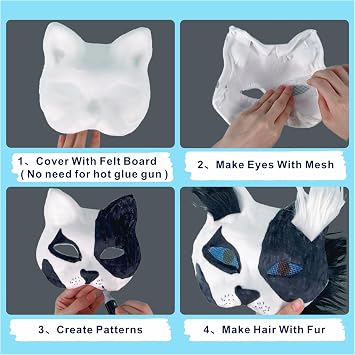 B BBPM Therian Mask Kit Cat Fox Masks with Fur & Eye Mesh and Felt Sheet 4PCS Furry Animal Mask to Paint Arts Crafts Gear Diy for Halloween, Cosplay,Masquerade Therian Accessory