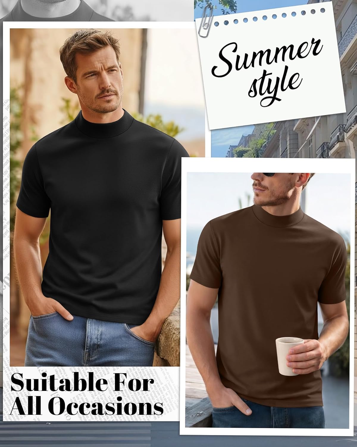 August Alley 3 Pack Mens Mock Neck T Shirts Short Sleeve Mock Neck Undershirt Pullover Tops Summer Slim Fit Casual Basic Tees