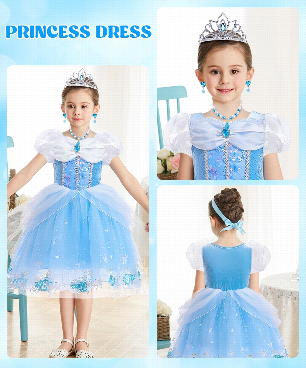 Robe Princesse Fille, Deguisement Princesse avec Couronne Collier Ensemble, Costume Carnaval Enfant, Deguisement Princesses pour Anniversaire Cosplay Fête